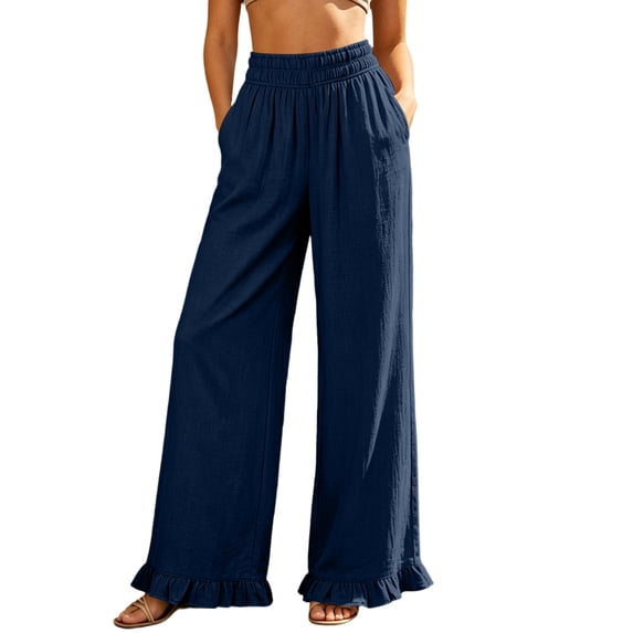 Drses Women's High Waist Smocked Drawstring Tie Knot Linen Palazzo Pants, Lightweight Flowy Loose Wide Leg Casual Lounge Trousers with Pockets
