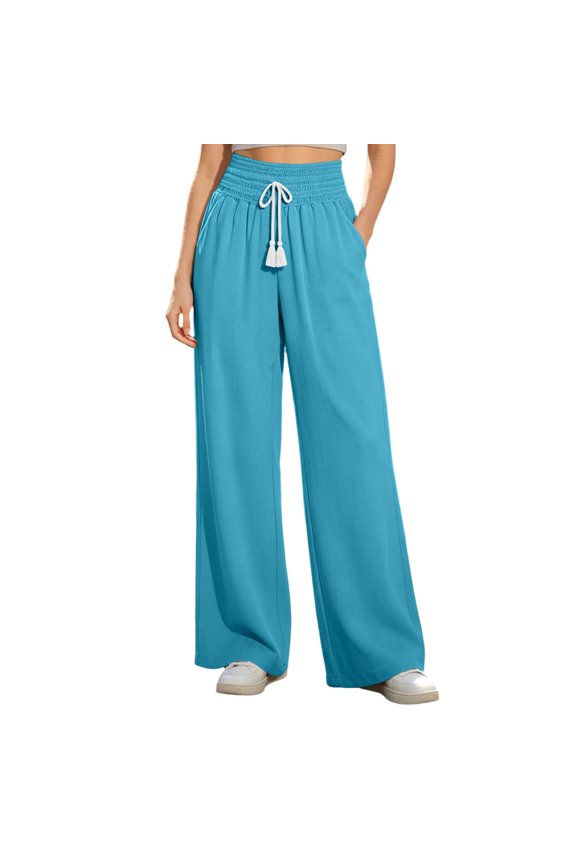‌‌ Women's High Waist Smocked Drawstring Tie Knot Linen Palazzo Pants, Lightweight Flowy Loose Wide Leg Casual Lounge Trousers with Pockets