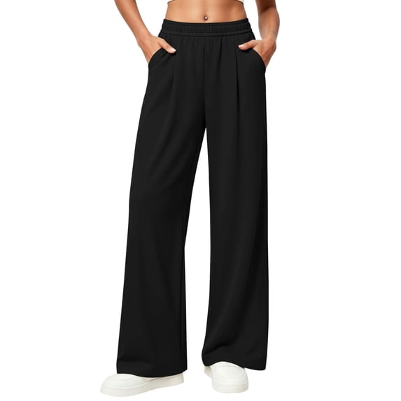 Drses Women's High Waist Smocked Elastic Wide Leg Palazzo Pants, Flowy Loose Pull On Bell Bottom Trousers with Pockets, Casual Spring Summer Travel Lounge Clothing