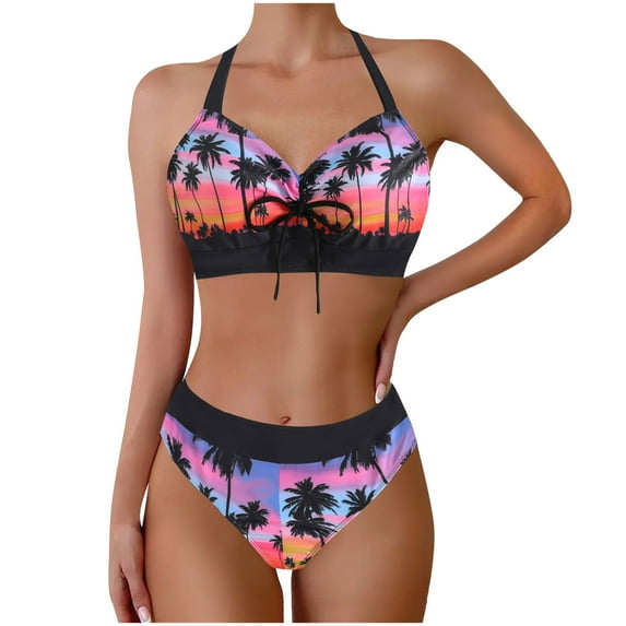 Drses Women's High Waisted Bikini Set - Tummy Control Halter Top & Athletic Briefs | 2025 Color Block Swimwear (Sizes S-5XL)