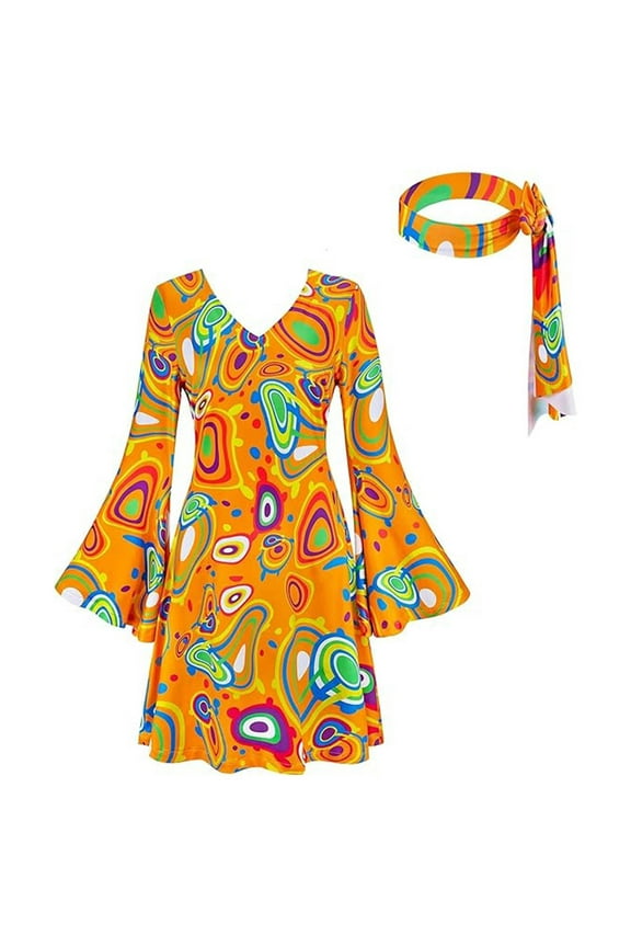  Women's Hippie Disco Dress Long Sleeve V-Neck - Floral Print Groovy Costume for Halloween & Cosplay