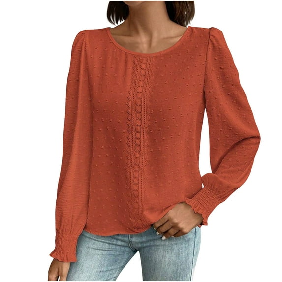 Drses Women's Hollow Out Lace Tunic Shirt Round Neck Long Sleeve Tops Solid Color Blouse