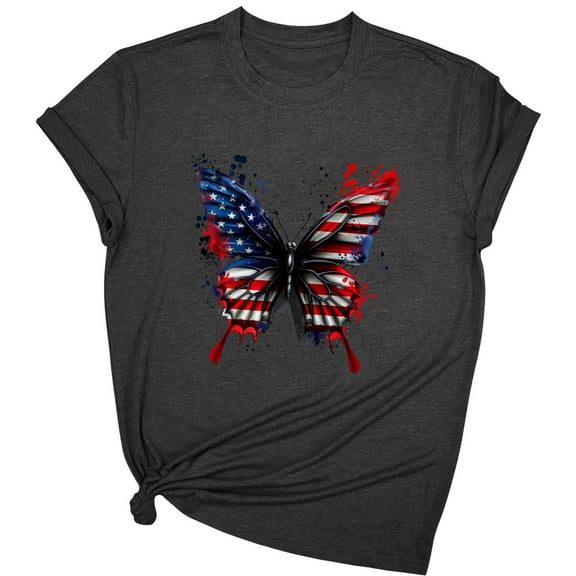 Drses ‌‌‌‌ ‌‌Women's Independence Day Plus Size Patriotic T-Shirt - Dandelion & Butterfly American Flag Graphic Tees for 4th of July (Red/White/Blue, Short Sleeve)