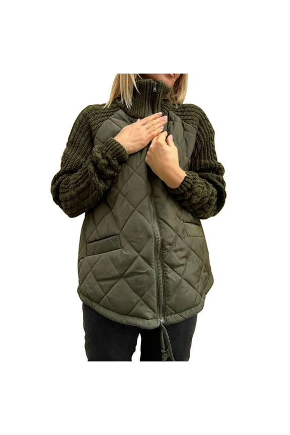 Women's Knit Patchwork Jacket Long Sleeve Zipper Quilted Jackets Stand Collar Coat Outerwear with Pockets