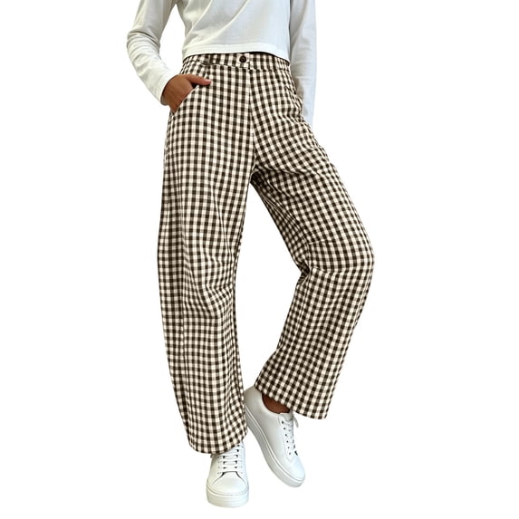 Drses Women's Lightweight Plaid Gingham Striped Curved Barrel Wide Leg Pants, Button Zipper Elastic Waist Cute PJ Lounge Beach Trousers with Pockets