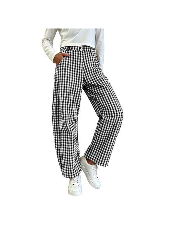  Women's Lightweight Plaid Gingham Striped Curved Barrel Wide Leg Pants, Button Zipper Elastic Waist Cute PJ Lounge Beach Trousers with Pockets