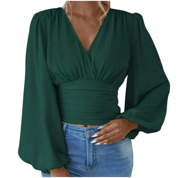 Drses Women's Long Lantern Sleeve Ruched Crop Blouse Wrap Front V Neck Shirt Top