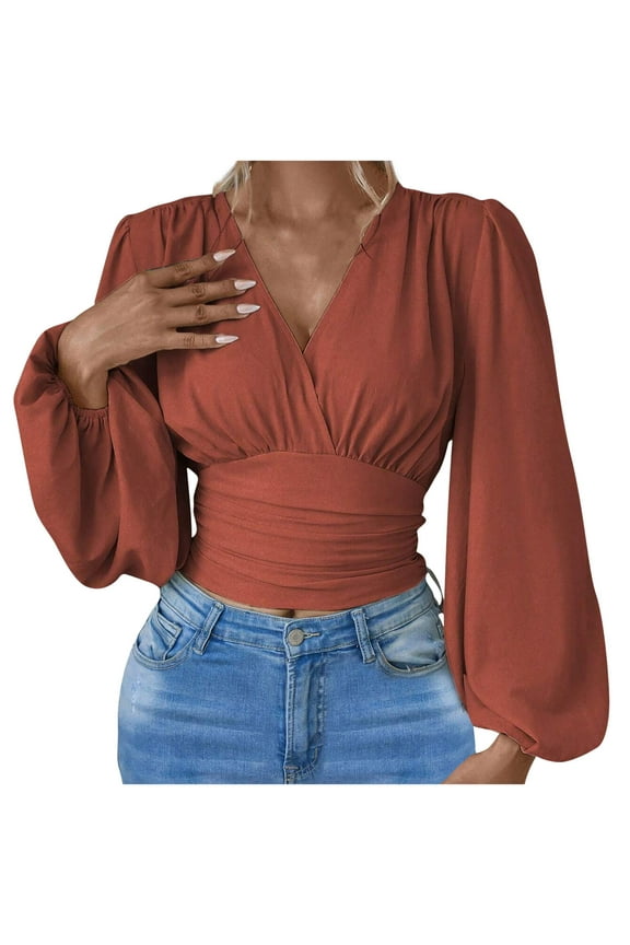 Women's Long Lantern Sleeve Ruched Crop Blouse Wrap Front V Neck Shirt Top