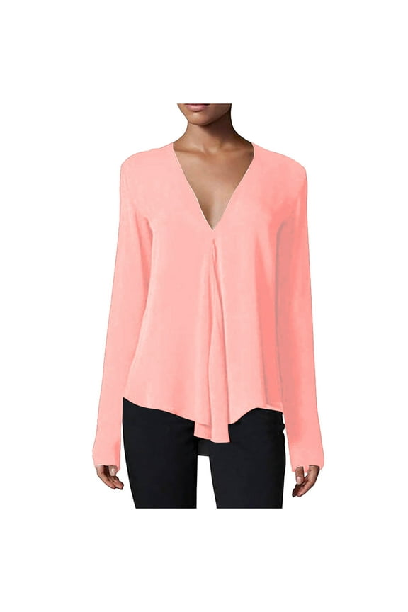 Women's Long Sleeve Pleated Tunic Tops V Neck Blouses Dressy Casual Shirt Fall Layer Blouse