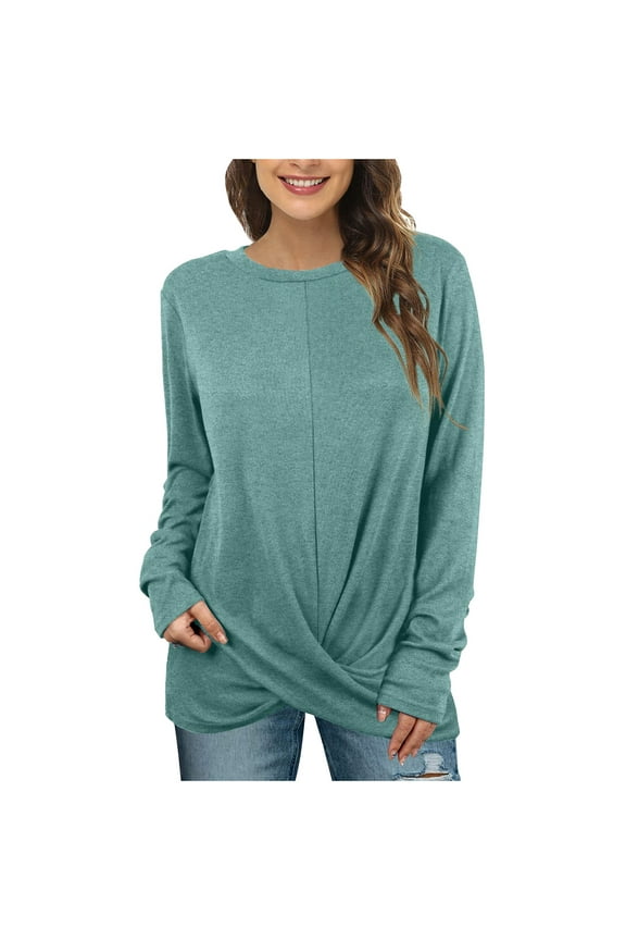 Women's Long Sleeve Tunic Tops Casual Crewneck T-Shirts Front Twist Top Tee Blouse For Leggings Tunic Tops For Leggings For Women