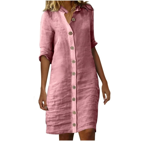 Drses Women's Midi Shirt Dress Cotton Linen Skirt Beach Cover-up Half Sleeve V-Neck Button Business Casual Dresses