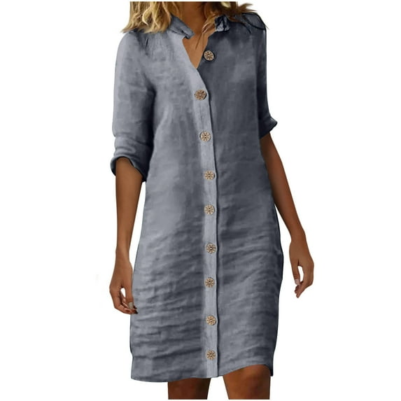 Drses Women's Midi Shirt Dress Cotton Linen Skirt Beach Cover-up Half Sleeve V-Neck Button Business Casual Dresses