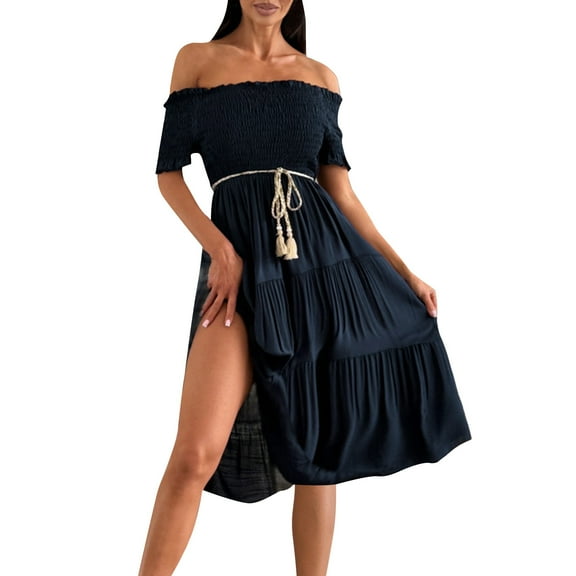 Drses‌‌ ‌‌‌‌‌‌‌‌‌‌‌Women's Off Shoulder Maxi Dress - Boho Short Sleeve Flowy Tiered Dress for Beach & Casual