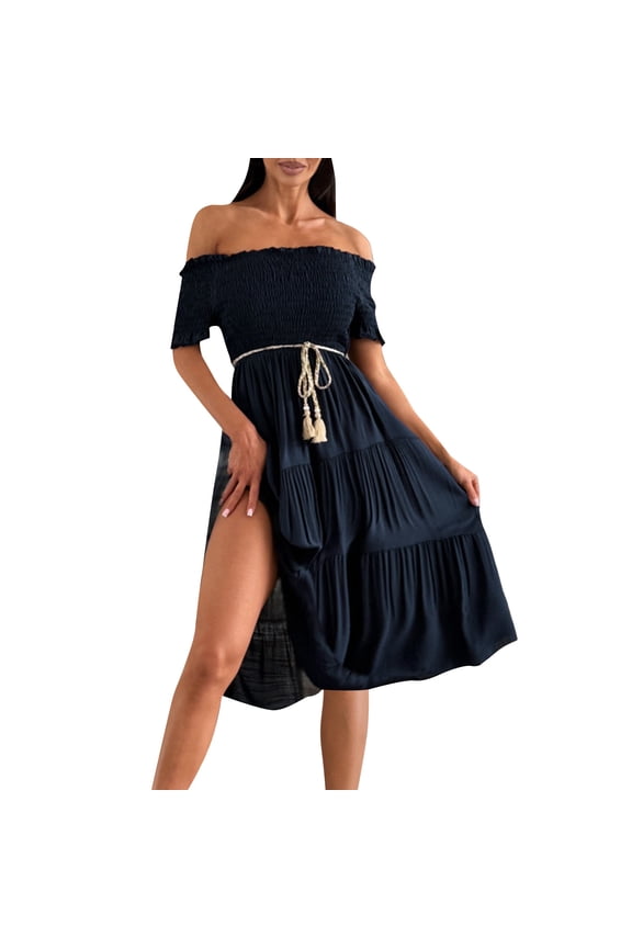  Women's Off Shoulder Maxi Dress - Boho Short Sleeve Flowy Tiered Dress for Beach & Casual
