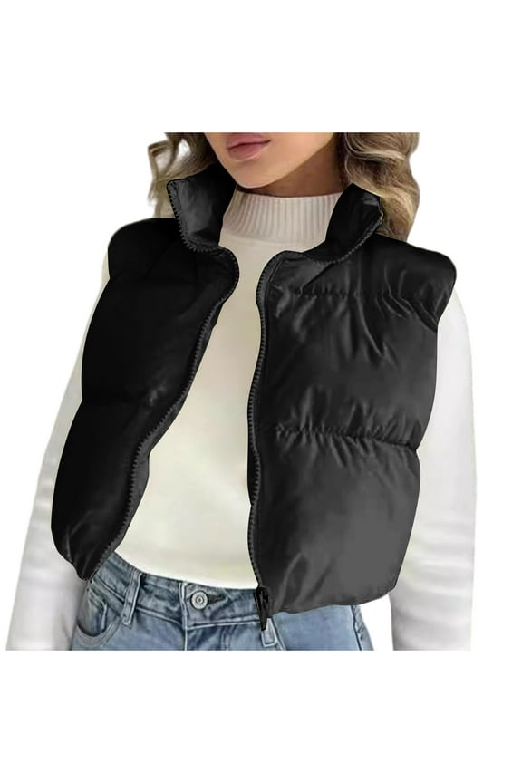 Women's Padded Vest, High Stand Collar Lightweight Zip Crop Puffer Gilet