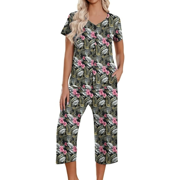 Drses Women's Pajama Sets Summer Short Sleeve Sleepwear Sets for Women Button Up Pj Loungewear Top and Capri Pants Pajamas for Women with Pockets