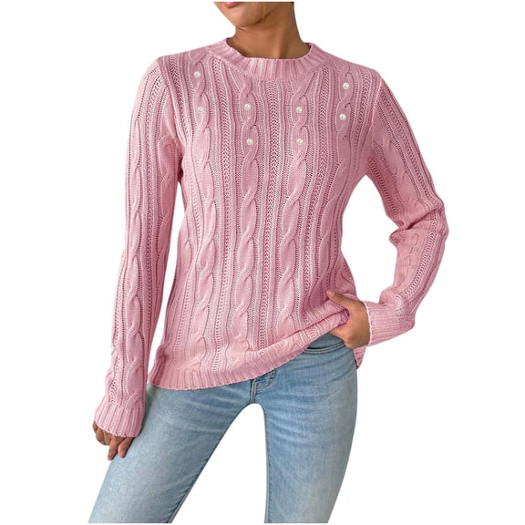 Drses Women's Pearls Beaded Long Sleeve Sweater Cable Knit Pullover Tops Casual Fitted Crewneck Knitted Sweaters