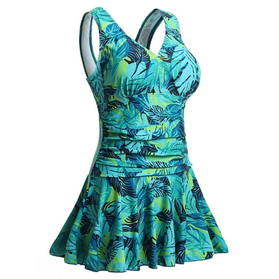 Drses ‌‌Women's Plus Size 2025 V Neck Swimdress - Tummy Control One Piece Bathing Suit with Ruched Skirt & Retro Floral Print (Sizes M-4XL)