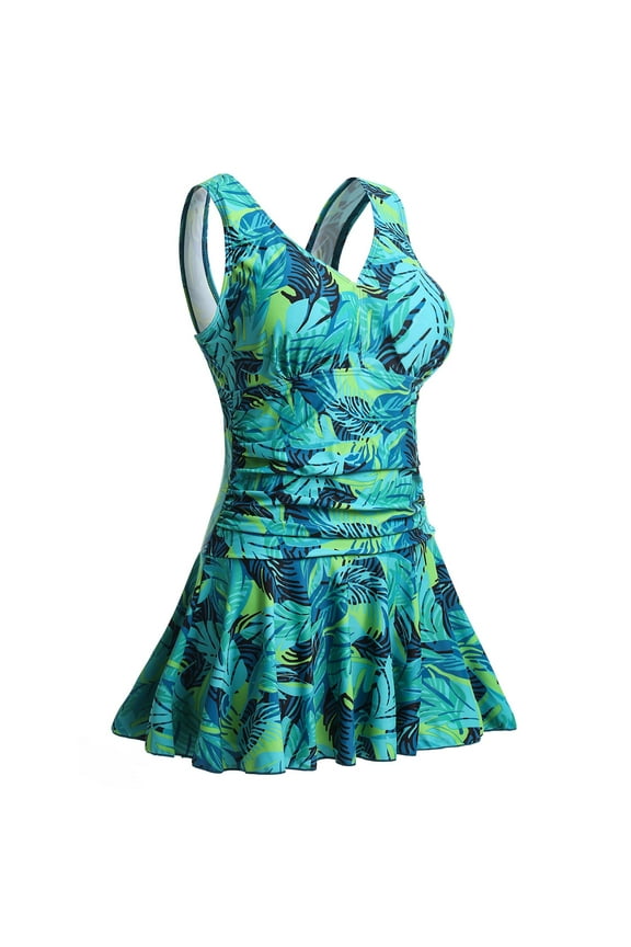 Women's Plus Size 2025 V Neck Swimdress - Tummy Control One Piece Bathing Suit with Ruched Skirt & Retro Floral Print (Sizes M-4XL)