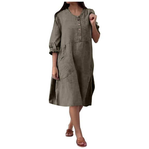 Drses‌‌ ‌‌‌‌‌‌‌‌‌‌‌‌‌‌‌‌‌‌‌‌‌‌‌‌‌‌‌‌‌‌Women's Plus Size Cotton Linen Dress - Long Sleeve Button Up Round Neck Casual with Pockets