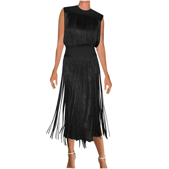 Drses‌‌ ‌‌‌‌‌‌‌‌‌Women's Plus Size Flapper Maxi Dress - Sleeveless Round Neck with All Over Fringe & Tassels for Prom/Party