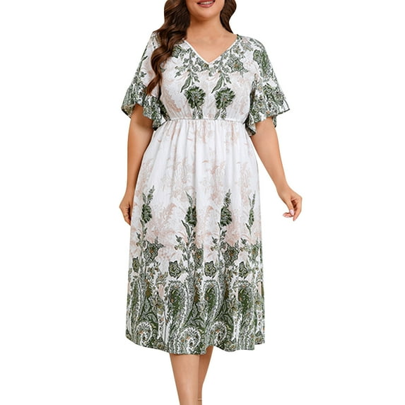 Drses Women's Plus Size Floral Midi Dress - V Neck Puff Short Sleeve Elastic Waist Flowy Beach Dress