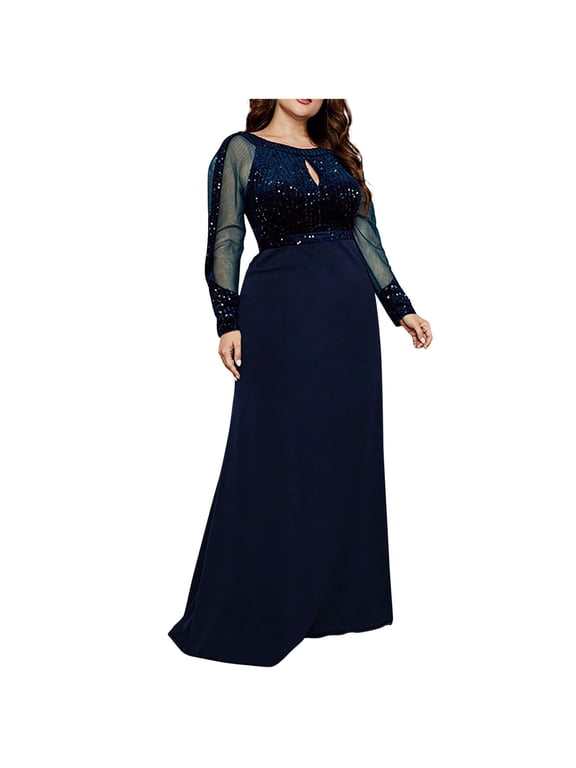  Women's Plus Size Formal Dress - Lace Long Sleeve Round-Neck Gown with Crystal Sequin for Prom/Wedding Guest