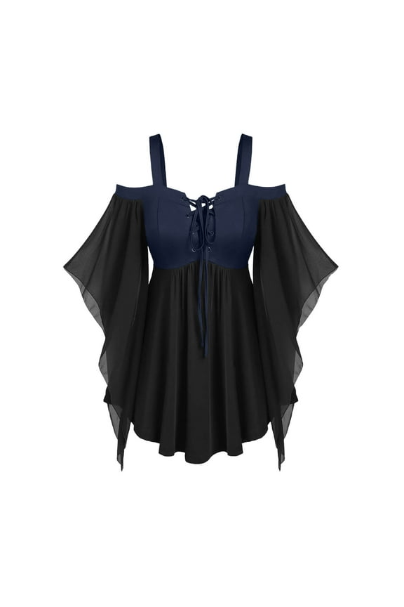  Women's Plus Size Gothic Halloween Top - Victorian Straps Cold Shoulder Witch Tee with Bell Sleeves