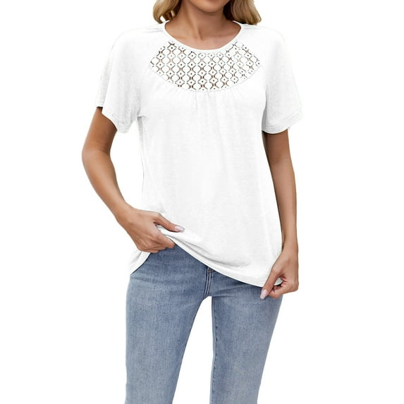 Drses Women's Plus Size Lace Hollow Out Top | Short Sleeve Casual Blouse - Flare Fit Summer & Spring Vacation Shirts