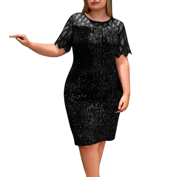 Drses Women's Plus Size Sequin Party Dress - Short Sleeve Glitter Midi Shift Dress with Crew Neck & A-Line Silhouette