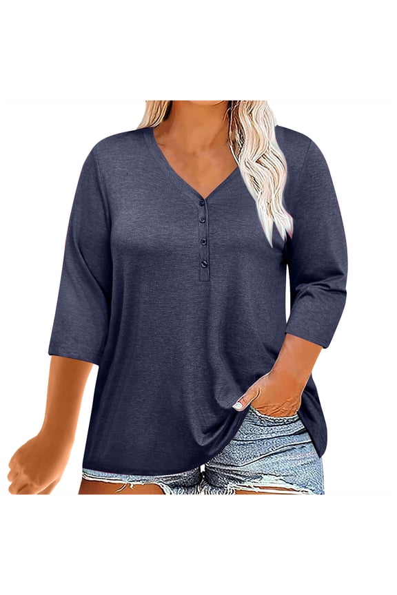 Women's Plus Size Top Henley Neck Shirt Long Sleeve Round Neck Tee Basic Ladies Loose Fit T Shirt