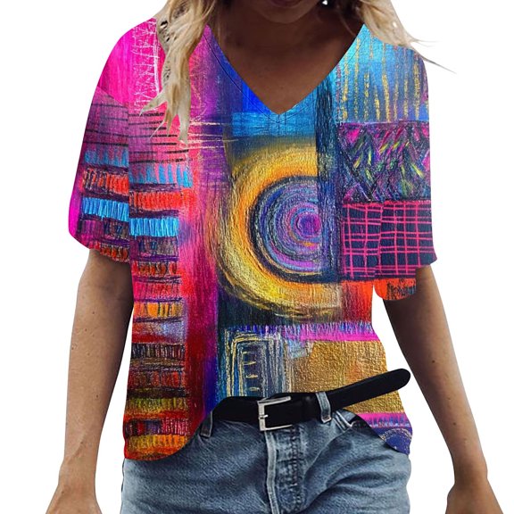 Drses Women's Printed V-Neck Blouse - Loose Casual Summer Short Sleeve Top
