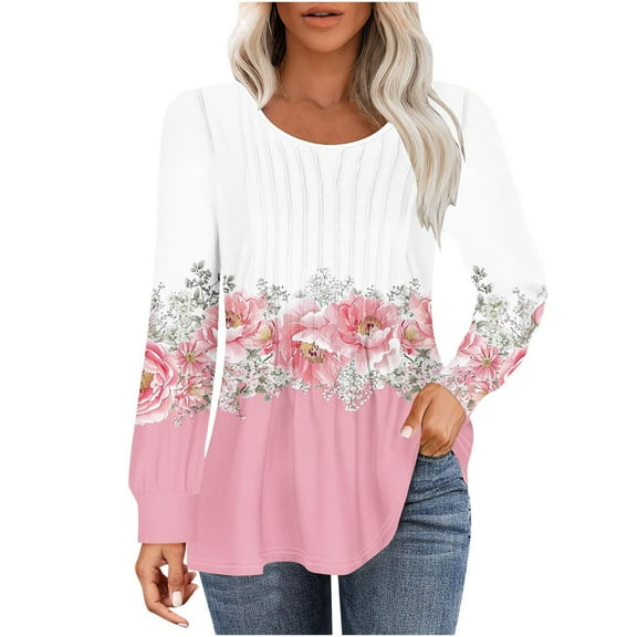 Drses Women's Puff Long Sleeve Tunic Tops Pleated Crew Neck Blouses Dressy Casual Loose Summer and Fall T-Shirts