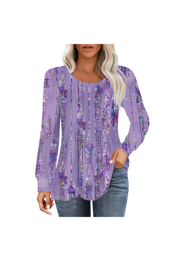 Women's Puff Long Sleeve Tunic Tops Pleated Crew Neck Blouses Dressy Casual Loose Summer and Fall T-Shirts