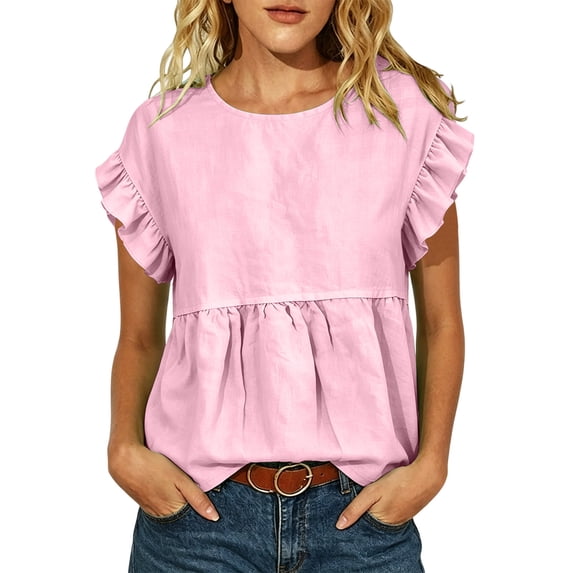 Drses Women's Puff Short Sleeve Babydoll Top, Round Neck Peplum Pleated Cotton T-Shirt, Loose Flowy Cute Blouse Hide Belly Casual Summer Cruise Wear