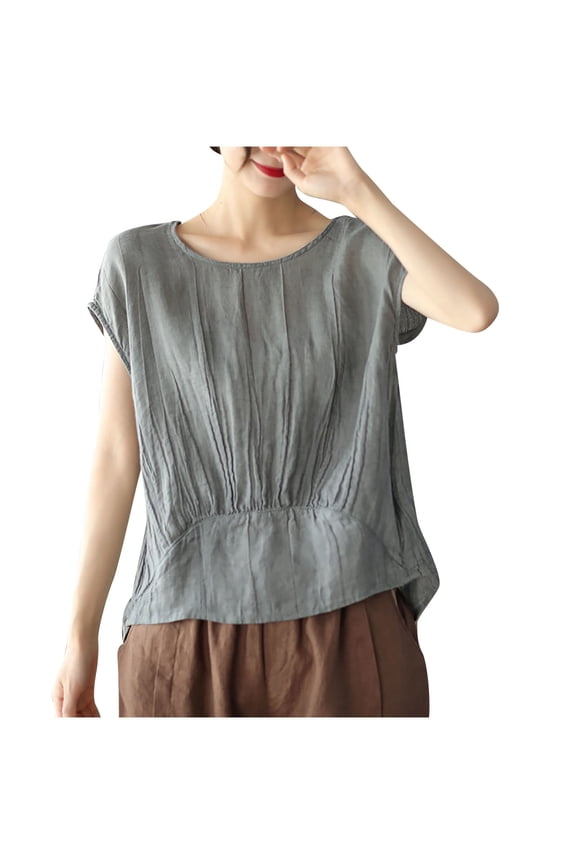 ‌‌‌‌‌‌‌Women's Retro Tencel Ramie Summer Top | Twisted Folded Pendant Design Short Sleeve Crewneck Tee - Breathable Casual Shirts
