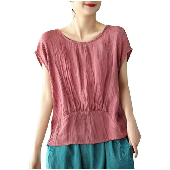 Drses ‌‌‌‌‌‌‌Women's Retro Tencel Ramie Summer Top | Twisted Folded Pendant Design Short Sleeve Crewneck Tee - Breathable Casual Shirts