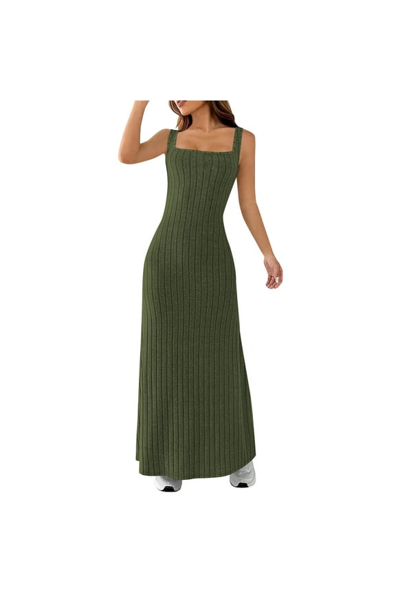 ‌‌ ‌‌‌‌‌‌‌‌‌‌‌‌‌‌Women's Ribbed Knit Bodycon Maxi Dress - Sleeveless Tank Square Neck Stretchy Long Dress for Club & Beach