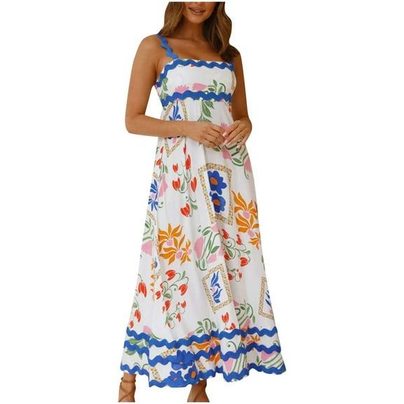 Drses Women's Rickrack Trim Spaghetti Strap Square Neck Tank Maxi Dress Sleeveless Long Beach A-Line Sundress