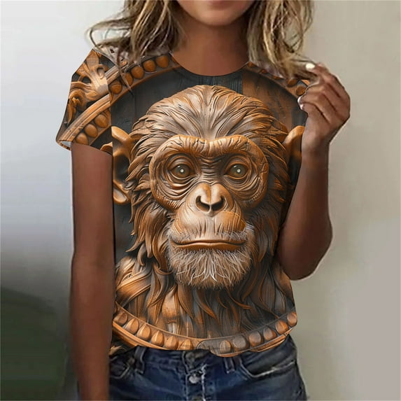 Drses Women's Round Neck Animal Relief Printed Short Sleeved Top Outdoor Daily Casual Short Sleeve Tee Shirt
