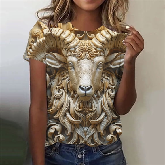 Drses Women's Round Neck Animal Relief Printed Short Sleeved Top Outdoor Daily Casual Short Sleeve Tee Shirt