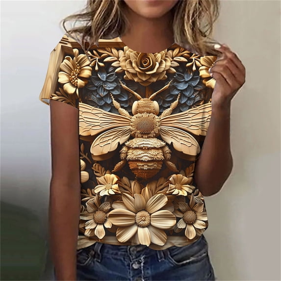Drses Women's Round Neck Animal Relief Printed Short Sleeved Top Outdoor Daily Casual Short Sleeve Tee Shirt