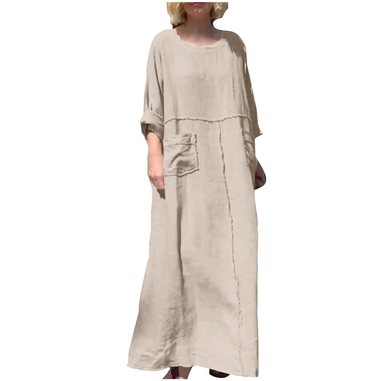 Drses Women's Round Neck Cotton Linen Long Sleeve Pocket Dress Raw Loose  Fit Flowy Maxi Dress T Shirt Dresses for Women Loose Dressy Dress -  Walmart.com