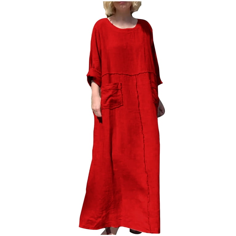 Drses Women's Round Neck Cotton Linen Long Sleeve Pocket Dress Raw Loose  Fit Flowy Maxi Dress T Shirt Dresses for Women Loose Dressy Dress -  Walmart.com