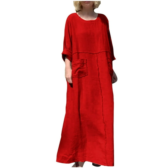 Drses Women's Round Neck Cotton Linen Long Sleeve Pocket Dress Raw Loose Fit Flowy Maxi Dress T Shirt Dresses for Women Loose Dressy Dress