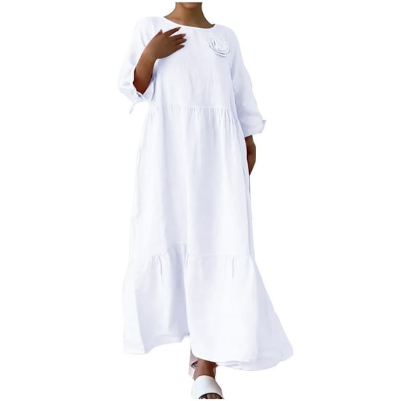 Drses Women's Round Neck Cotton Linen Long Sleeve Pocket Dress Raw Loose Fit Flowy Maxi Dress T Shirt Dresses for Women Loose Dressy Dress