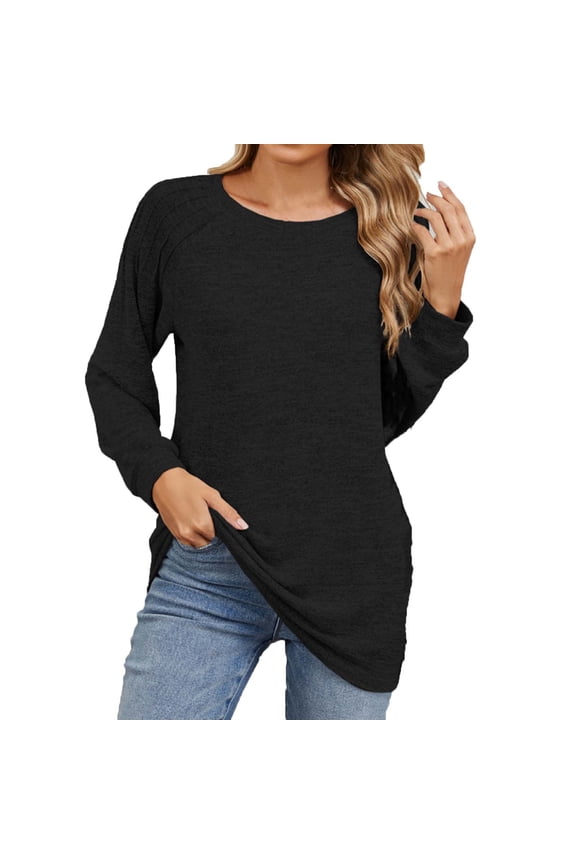 Women's Round-Neck Long Sleeve Pleated Sweatshirt - Tunic Tops