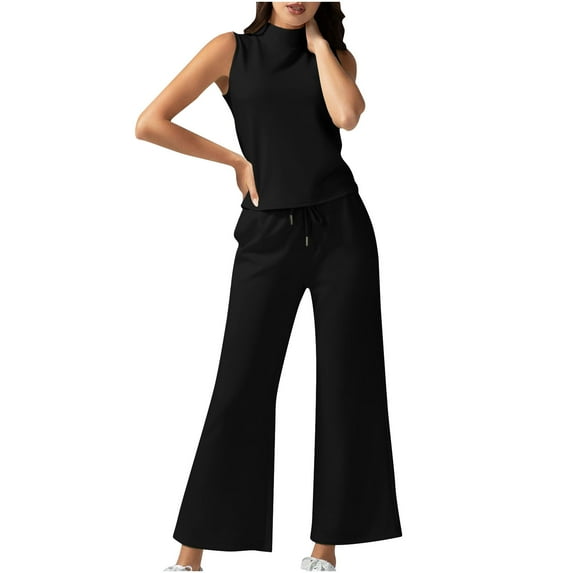 Drses Women's Sets 2 Piece Outfit Business Casual Summer Solid Color Sleeveless Round Neck Top+Pants Set with Pockets