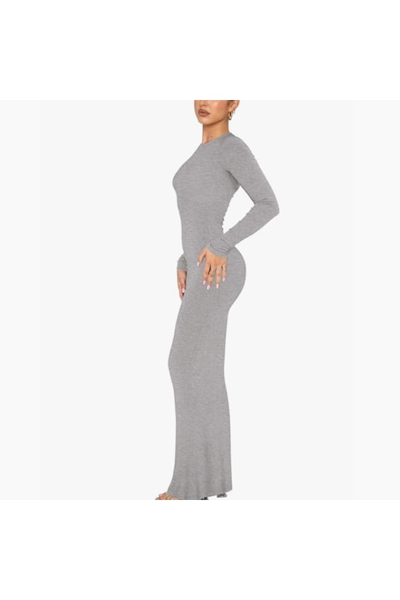 Women's Sexy Crew Neck Lounge Long Dress Elegant Long Sleeve Ribbed Bodycon Maxi Dresses