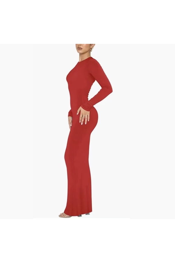 Women's Sexy Crew Neck Lounge Long Dress Elegant Long Sleeve Ribbed Bodycon Maxi Dresses